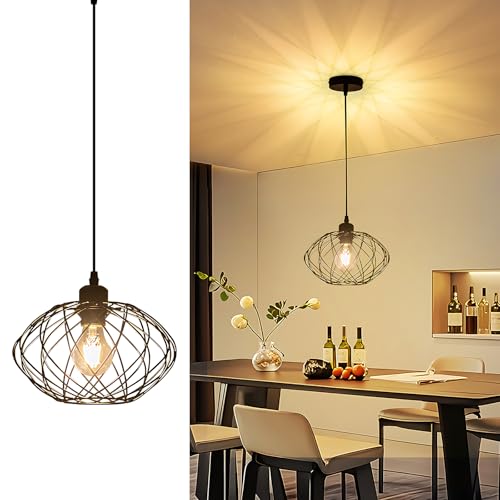 Glitzerlife Hängelampen Schwarz Küchenlampe Hängend - Pendelleuchte Industrial Vintage Hängeleuchte E27 1 flammig Pendellampe Metall Retro Ø 25cm Esszimmer Esstisch Schlafzimmer Ohne Leuchtmittel von Glitzerlife