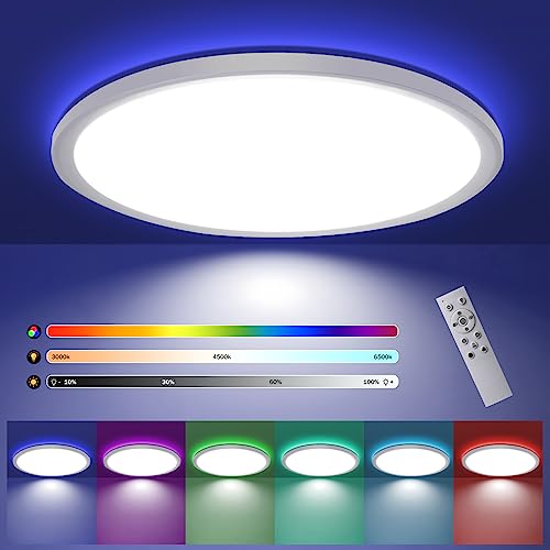 Glitzerlife LED Deckenleuchte Flach Weiß - 28W RGB Deckenlampe mit Fernbedienung Farbwechsel 3000K-6500K Badlampe Rund Ø30CM Hintergrundbeleuchtung für Schlafzimmer Badezimmer Küche Flur von Glitzerlife