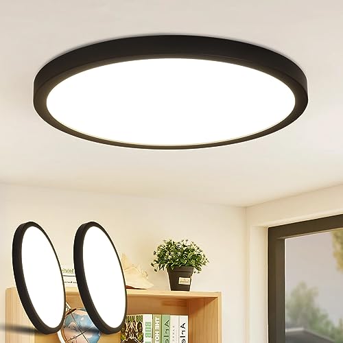 Glitzerlife LED Deckenleuchte Schwarz Flach - 15W Rund Deckenlampe 2ER Modern Badlampe Neutralweiß 4000K IP44 Ø 22CM Wasserfest für Küche Büro Wohnzimmer Badezimmer Kinderzimmer, Ultra Dünn von Glitzerlife