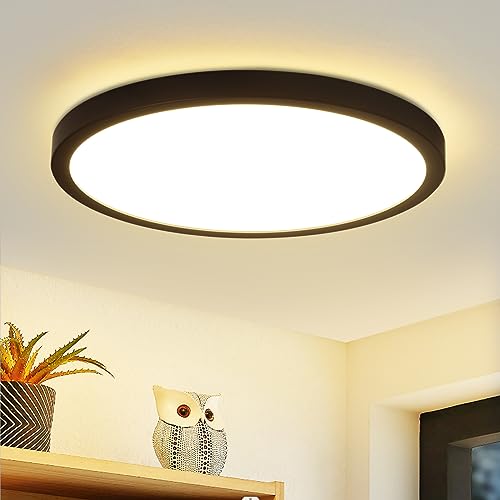 Glitzerlife LED Deckenleuchte Flach Schwarz - 15W Modern Rund Deckenlampe Warmweiß 3000K Badezimmerlampe IP44 Ultra Dünn 22CM für Wohnzimmer Badezimmer Schlafzimmer Küche Balkon von Glitzerlife