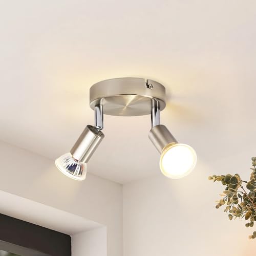 Glitzerlife LED Deckenstrahler 2 Flammig Deckenlampe - Deckenleuchte GU10 Schwenkbar 350° Modern Flurlampe Nickel Metall Rund Deckenspot für Wohnzimmer Schlafzimmer Küche Esszimmer, ohne Leuchtmittel von Glitzerlife