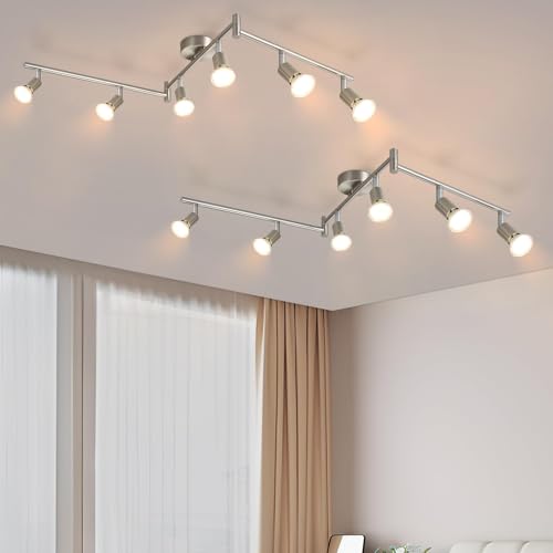Glitzerlife LED Deckenstrahler 6 Flammig Deckenlampe - 2ER Deckenleuchte Modern GU10 Deckenspot Schwenkbar 330° Drehbar Spot Strahler Lampe Edelstahl Decke Wohnzimmer Schlafzimmer Innen von Glitzerlife