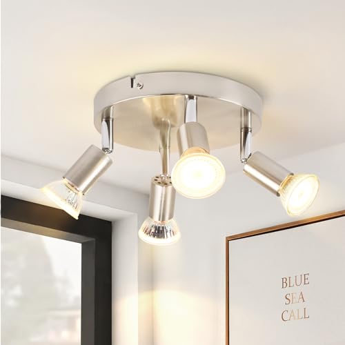 Glitzerlife LED Deckenstrahler 4 Flammig Deckenleuchte - Deckenspot Schwenkbar 350° GU10 Rund Nickel Metall Modern Wohnzimmerlampe für Schlafzimmer Küche Esszimmer Flur, Max. 4x25W ohne Leuchtmittel von Glitzerlife