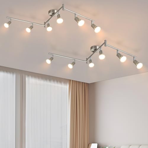 Glitzerlife LED Deckenstrahler 6 Flammig Deckenlampe - 2ER Deckenleuchte Modern GU10 Deckenspot Schwenkbar 330°Drehbar Spot Strahler Lampe Edelstahl Decke Wohnzimmer Schlafzimmer Innen von Glitzerlife