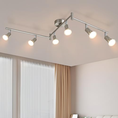 Glitzerlife LED Deckenstrahler 6 Flammig Wohnzimmer - Deckenleuchte Modern Deckenlampe GU10 Deckenspot Schwenkbar 330°Drehbar Spot Strahler Lampe Edelstahl Decke Schlafzimmer innen Ohne Leuchtmittel von Glitzerlife