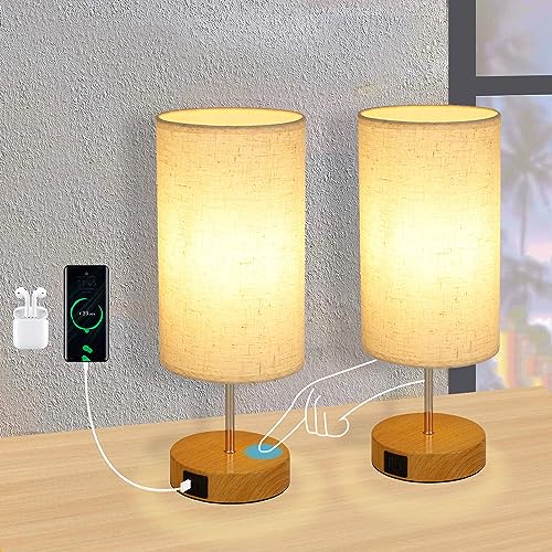 Glitzerlife Nachttischlampe Touch Tischlampe 2ER - Dimmbar Warmweiß Licht mit Stoff Lampenschirm USB Ladefunktion Rund für Modern Deko Schlafzimmer Wohnzimmer Nachttisch Geschenk Esszimmer von Glitzerlife