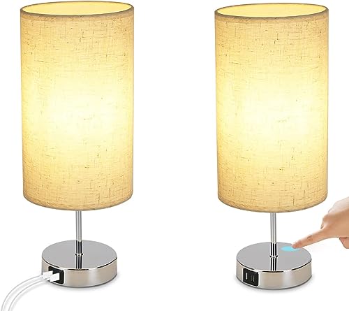 Glitzerlife Nachttischlampe Touch Dimmbar 2er - Tischlampe E27 USB Ladefunktion Wohnzimmer Chrom mit Stoff Lampenschirm für Schlafzimmer Wohnzimmer Nachttisch Schreibtisch Leuchtmittel nicht enthalten von Glitzerlife