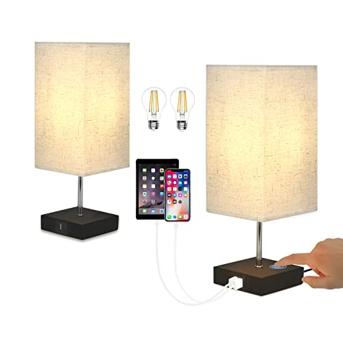 Glitzerlife Nachttischlampe Wohnzimmer Tischlampe Touch - 2ER Schwarz Vintage Tischleuchte E27 mit Ladefunktion Stoff Lampenschirm USB Dimmbar für Deko Schlafzimmer, Geschenk, Esszimmer von Glitzerlife