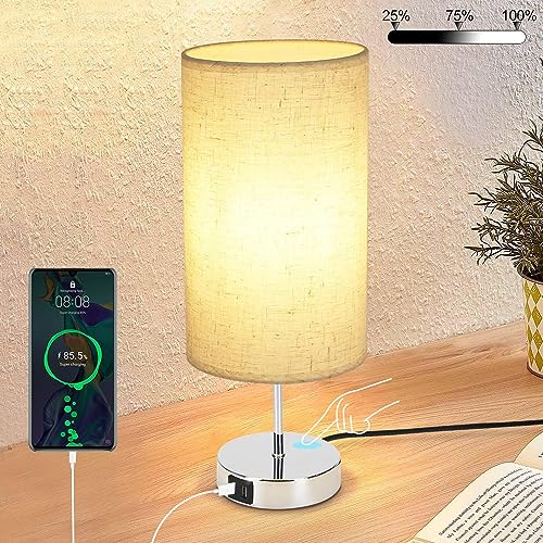 Glitzerlife Nachttischlampe mit Ladefunktion Touch - Tischlampe E27 Warmweiß Dimmbar Nachtlicht USB Stoff Lampenschirm für Modern Deko, Wohnzimmer, Geschenk, Esszimmer, Schlafzimmer von Glitzerlife