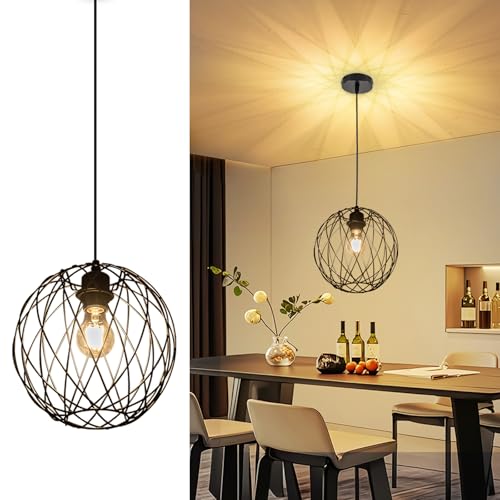 Glitzerlife Hängelampe Schwarz Pendelleuchte Vintage - Hängeleuchte E27 Küchenlampe Hängend Industrial Pendellampe1 Flammig Rund Retro Ø 25cm Schlafzimmer Wohnzimmer Esstischlampe Ohne Leuchtmittel von Glitzerlife