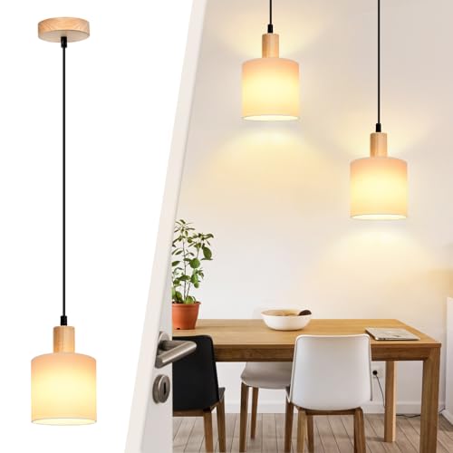 Glitzerlife Pendelleuchte 1 Flammig 2ER Esstischlampe - Holz Stoffschrim Hängeleuchte E14 Esszimmerlampe Vintage Hängelampe Küche Pendellampe Flurlampe für Wohnzimmer Restaurant Schlafzimmer Flur von Glitzerlife