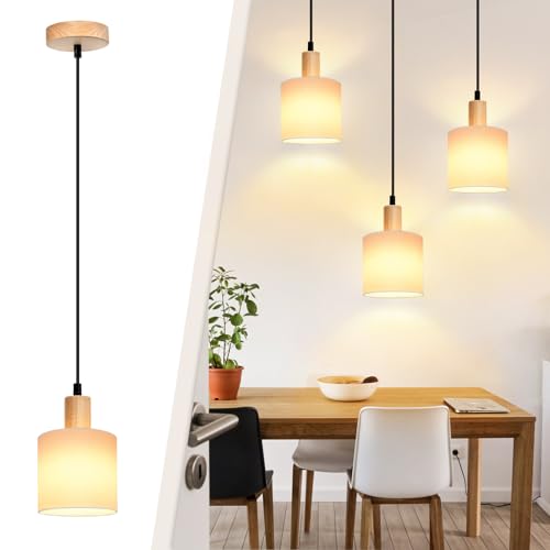 Glitzerlife Pendelleuchte 1 Flammig 3ER Esszimmerlampe - Holz Stoffschrim Hängeleuchte E14 Esstischlampe Vintage Hängelampe Küche Pendellampe Flurlampe für Esstisch Wohnzimmer Restaurant Schlafzimmer von Glitzerlife