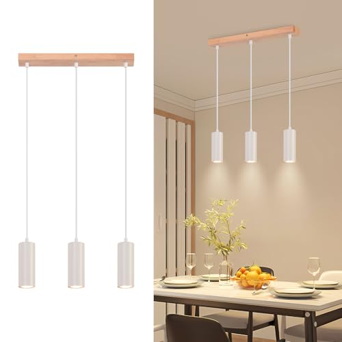 Glitzerlife Pendelleuchte 3 Flammig Esszimmerlampe Holz - Hängelampe Esstisch Weiß Vintage Pendellampe GU10 Rustikal Hängeleuchte für Küche Esszimmer Schlafzimmer Restaurant Flur von Glitzerlife