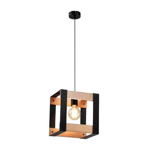 Glitzerlife Pendelleuchte Holz Esstisch 1 Flammig - Hängelampe Schwarz Metall E27 Fassung Industrial Vintage Pendellampe Retro Esszimmerlampe Hängend für Esszimmer Wohnzimmer Küche Schlafzimmer von Glitzerlife