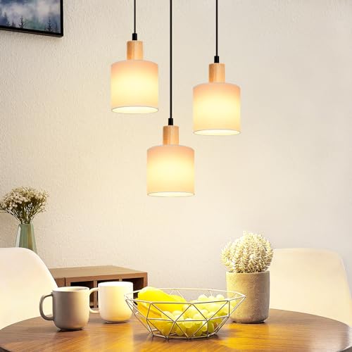 Glitzerlife Pendelleuchte Holz Esstischlampe Vintage - Hängelampe Esstisch E14 Hängeleuchte Weiß Pendellampe 3 Flammig Rund Esstischlampe für Esszimmer Restaurant Küche Schlafzimmer Arbeitszimmer von Glitzerlife