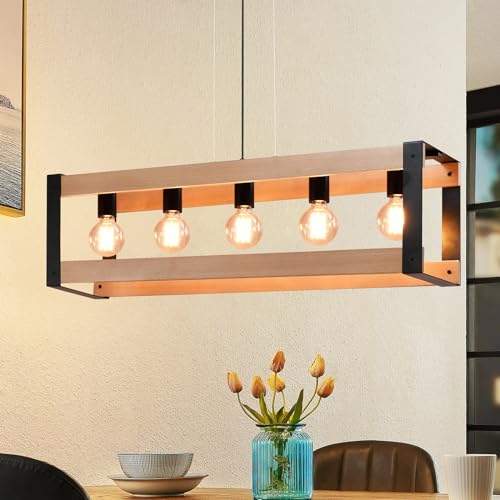 Glitzerlife Pendelleuchte Holz Vintage Esszimmerlampe - Hängelampe Schwarz E27 5 Flammig Esstisch Metal Pendellampe Industrial Lampe Hängend für Esszimmer Küche Wohnzimmer Restaurant von Glitzerlife