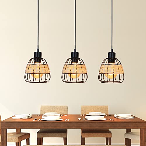 Glitzerlife Pendelleuchte Vintage Esstisch Hängelampe - Schwarz Pendellampe Retro mit 3 Flammige esszimmerlampe E27 Industrial Hängeleuchte Rattan Lampenschirm aus Metall für Esszimmer Wohnzimmer von Glitzerlife