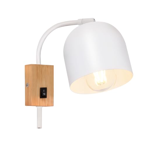 Glitzerlife Wandstrahler Holz Wandleuchte mit Schalter - Wandspots 1 Flammig E27 Weiß Flurlampe 330° Schwenkbar Metall Vintage Innen für Kinderzimmer Wohnzimmer Schlafzimmer,Ohne Leuchtmittel von Glitzerlife