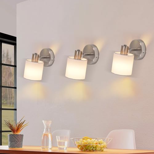 Glitzerlife Wandleuchte Innen Wandstrahler Vintage - 3ER Wandlampe Wandspot Retro E14 Schwenkbar Wandbeleuchtung Wand Lampen Industrial Stoffschrim MAX.40W Silber für flur Küche, ohne Leuchtmittel von Glitzerlife