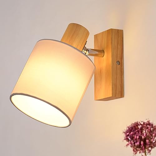 Glitzerlife Wandleuchte Innen Wandstrahler Vintage - Holz Wandlampe Wandspot Retro E14 Schwenkbar Wandbeleuchtung Wand Lampen Industrial Stoffschrim MAX.40W für flur Küche, ohne Leuchtmittel von Glitzerlife