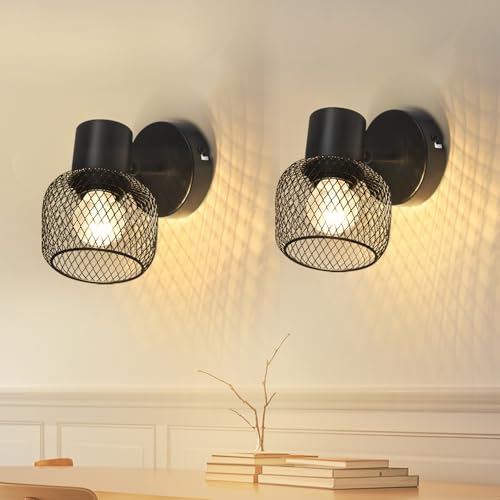 Glitzerlife Wandleuchte Vintage Wandstrahler Schwarz - 2er Wandlampe Schwenkbar 330° Metall Flurlampe LED Strahler Retro für Küche Kinderzimmer Wohnzimmer Schlafzimmer Max.40W Ohne Leuchtmittel von Glitzerlife