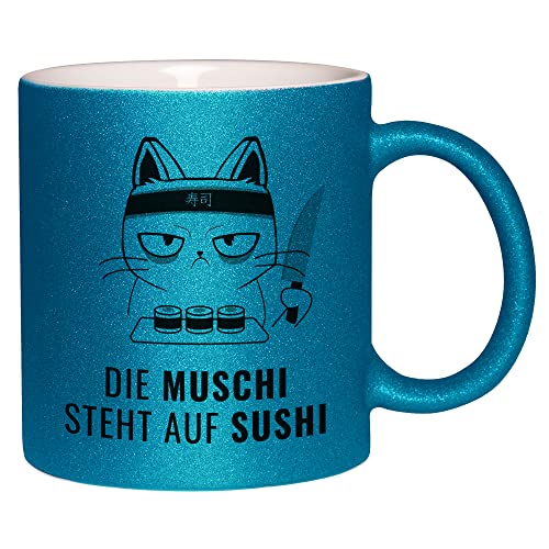 Glitzertasse “Die Muschi, steht auf Sushi” | Kaffetasse - Teetasse - Geschenkidee von Glitzerversum