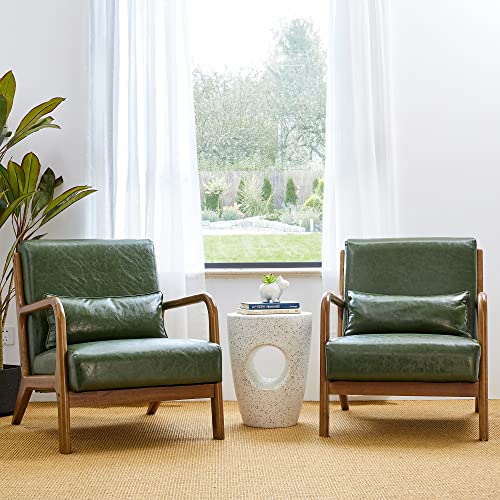 Glitzhome 2 Set Mid Century Hunter Green Accent Sessel, Einzellesesessel, PU-Leder, Loungesessel mit Walnuss-Ruberholz-Rahmen von Glitzhome