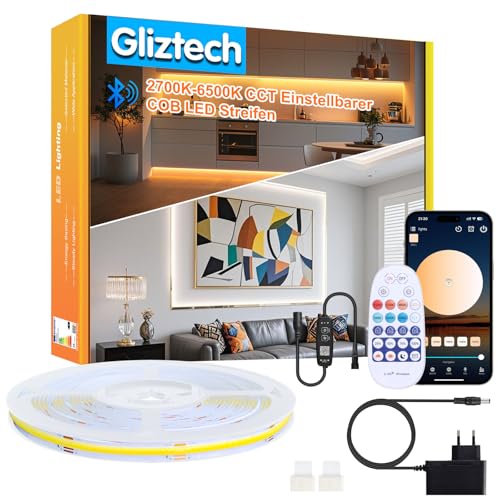 4M COB LED Streifen, 3000K-6500K Dimmbare Warmweiß bis Kaltweiß Ultrahelle COB Strip, Unterbauleuchte küche led mit Fernbedienung & Smart BT App Steuerung LED Band für Schlafzimmer, Wohnzimmer von Gliztech