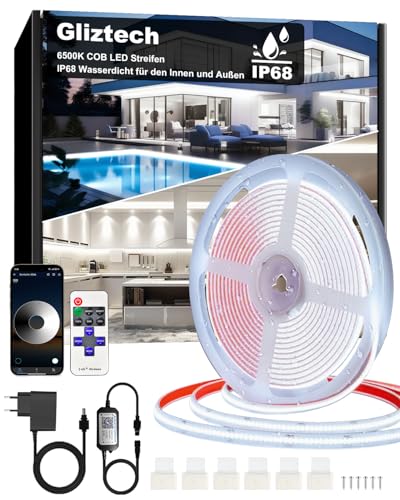 7M COB LED Streifen IP68 Wasserdicht, 24V 6500K LED Strip Weiß, LED Lichtband Selbstklebend Außen mit Netzteil, APP und Fernbedienung für Dachtraufe Garten Pool Terrasse Küche Badezimmer 7M COB LED Streifen IP68 Wasserdicht, 24V 6500K LED Strip Weiß, LED Lichtband Selbstklebend Außen mit Netzteil, APP und Fernbedienung für Dachtraufe Garten Pool Terrasse Küche Badezimmer von Gliztech