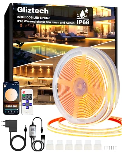 COB LED Streifen 30M(2*15M) IP68 Wasserdicht, 24V 2700K LED Strip Warmweiss, LED Lichtband Selbstklebend Außen mit Netzteil, APP und Fernbedienung für Dachtraufe Garten Pool Terrasse Küche Badezimmer von Gliztech