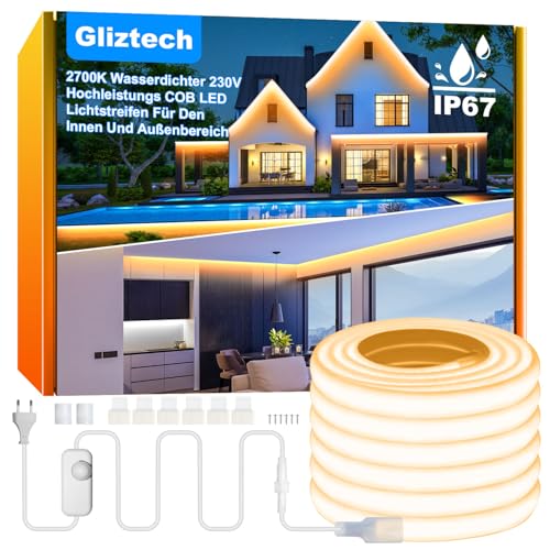 IP67 Wasserdicht COB LED Streifen 100W AC 230V Direktstecker, 10M Superhelles LED Lichtband Selbstklebend Außen mit Doppelsicherungs Controller, 2700K LED Strip Warmweiss für Garten Gewerbedekor von Gliztech