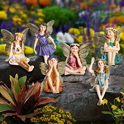 GloBrite 10 cm Set mit 6 Mini-Feengarten-Ornamenten für den Außenbereich, Gartenfeenstatuen für Rasen, Hof, Blumenbeete, handbemalte Dekofiguren, langlebiges wasserdichtes Polyresin, Geschenk für von GloBrite