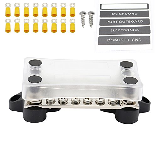 Gloaso 100A Sammelschiene 12V mit 4x M6 Bolzen, 12x M4 Schrauben Klemmenblock Bus Bar, 12 Volt 24V 100 Amp Boden Sammelschienen M6 Stromverteilungsblock Busbar mit Deckel, Max 48V DC von Gloaso
