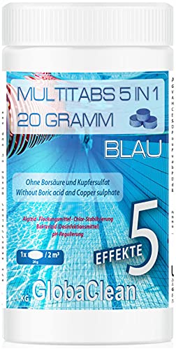 GlobaClean 1 kg Chlor Multitabs 5 in 1 20g Blau | Chlortabletten für Pool | Hochwirksame Poolchemie Poolpflege von GlobaClean