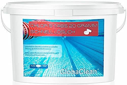 GlobaClean 3 kg Chlortabletten für Pool, Schnell Schock Tabs 20g (Brause-Tabs) – Leicht und schnelllöslich Schwimmbad von GlobaClean