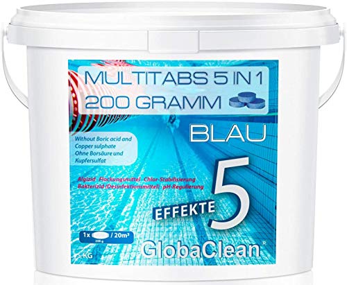 GlobaClean 5 kg Chlor Multitabs 5 in 1 200g Blau | Chlortabletten für Pool | Hochwirksame Poolchemie Poolpflege von GlobaClean
