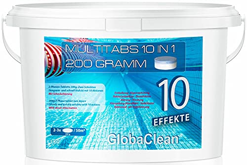 GlobaClean Chlor Multitabs 10 in 1 - Zwei Phasen Chlortabletten für Pool mit 10 Funktionen - Desinfektion von Poolwasser und Filter - 200g Tabletten im 3kg Eimer GlobaClean Chlor Multitabs 10 in 1 - Zwei Phasen Chlortabletten für Pool mit 10 Funktionen - Desinfektion von Poolwasser und Filter - 200g Tabletten im 3kg Eimer von GlobaClean