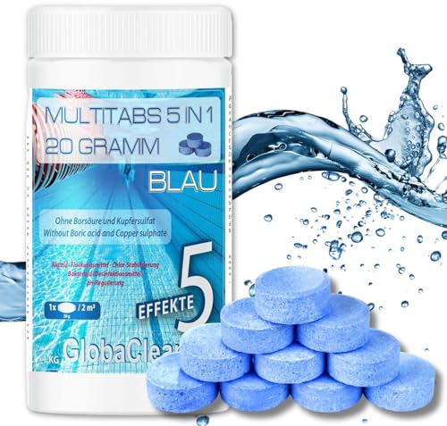 GlobaClean Multitabs 5 in 1 20g - 1kg Blau - Chlortabletten für Pool mit 5-Phasen zur Pflege, Reinigung & Desinfektion - Mini Chlortabletten für Pool - für kristallklares und hygienisches Poolwasser von GlobaClean
