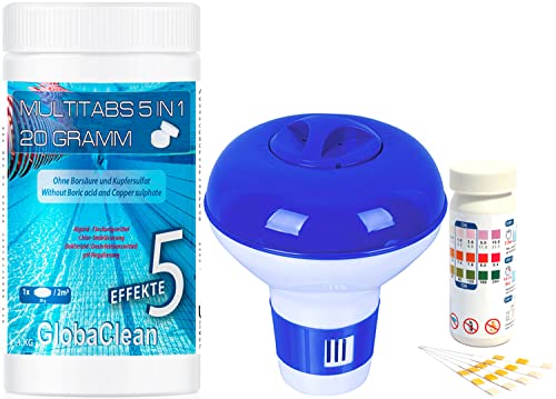 GlobaClean Pool Starter Set 3 in 1 - Pool Wasserpflege Set - Multitabs Chlor 5 in 1 (20 g), Chlordosierer, Teststreifen - perfektes Zubehör von GlobaClean