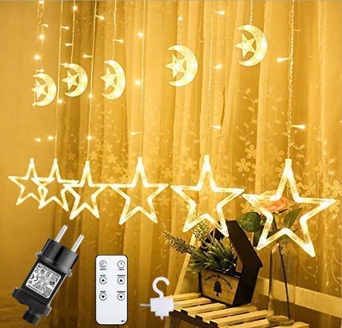 GlobaLink LED Lichtervorhang erweiterbar, 2M Weihnachtslichter mit Fernbedienung und Timer strombetrieben 138 LEDs 12 Mond und Sterne mit 8 Modi Wasserdicht IP44 für Weihnachten Kinder -Warmweiß von GlobaLink