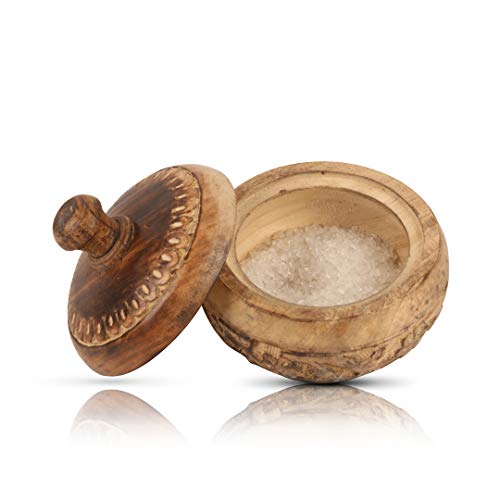 Decorative rustic wooden sugar bowl with lid, wide opening, for sweets, spices, nuts, serving bowl, pot, salt, spices, herbs, loose leaves, tea, storage containers for the home and kitchen von The Great Indian Bazaar