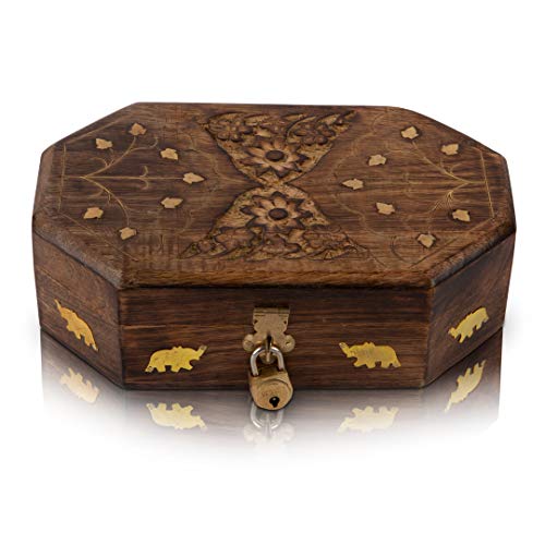 Handgefertigte dekorative Schmuckschatulle aus Holz mit Schloss und Schlüssel, Schmuck-Organizer, Andenken-Box, Schatztruhe, Schmuckkästchen, Schlossbox, 20.32x12.7 cm, tolle Geburtstagsgeschenkidee von The Great Indian Bazaar