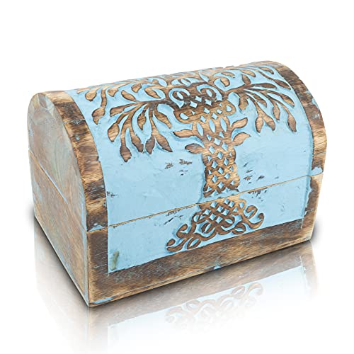 Tolle Geburtstagsgeschenkideen, handgefertigte, dekorative Schmuckschatulle aus Holz mit Baum des Lebens Schnitzereien, Schmuck-Organizer, Andenken-Box, Schatztruhe, Schmuckhalter, 22 x 15 cm (Blue) von The Great Indian Bazaar