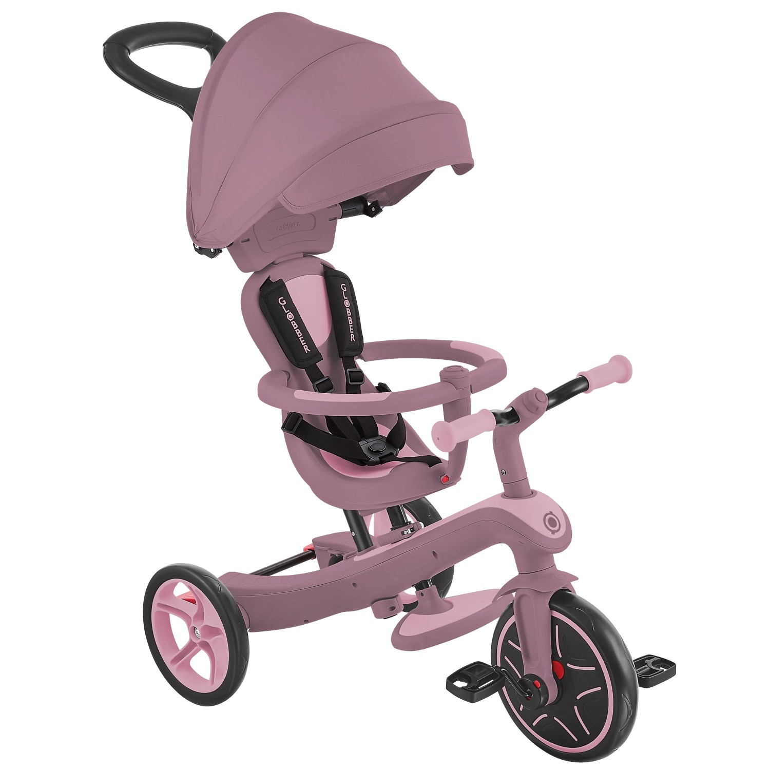 Globber Explorer Trike 4in1 Kinderwagen Dreirad und Laufrad 10/8,5 Zoll TPR-Sitz Höhenverstellbar Beere von Globber