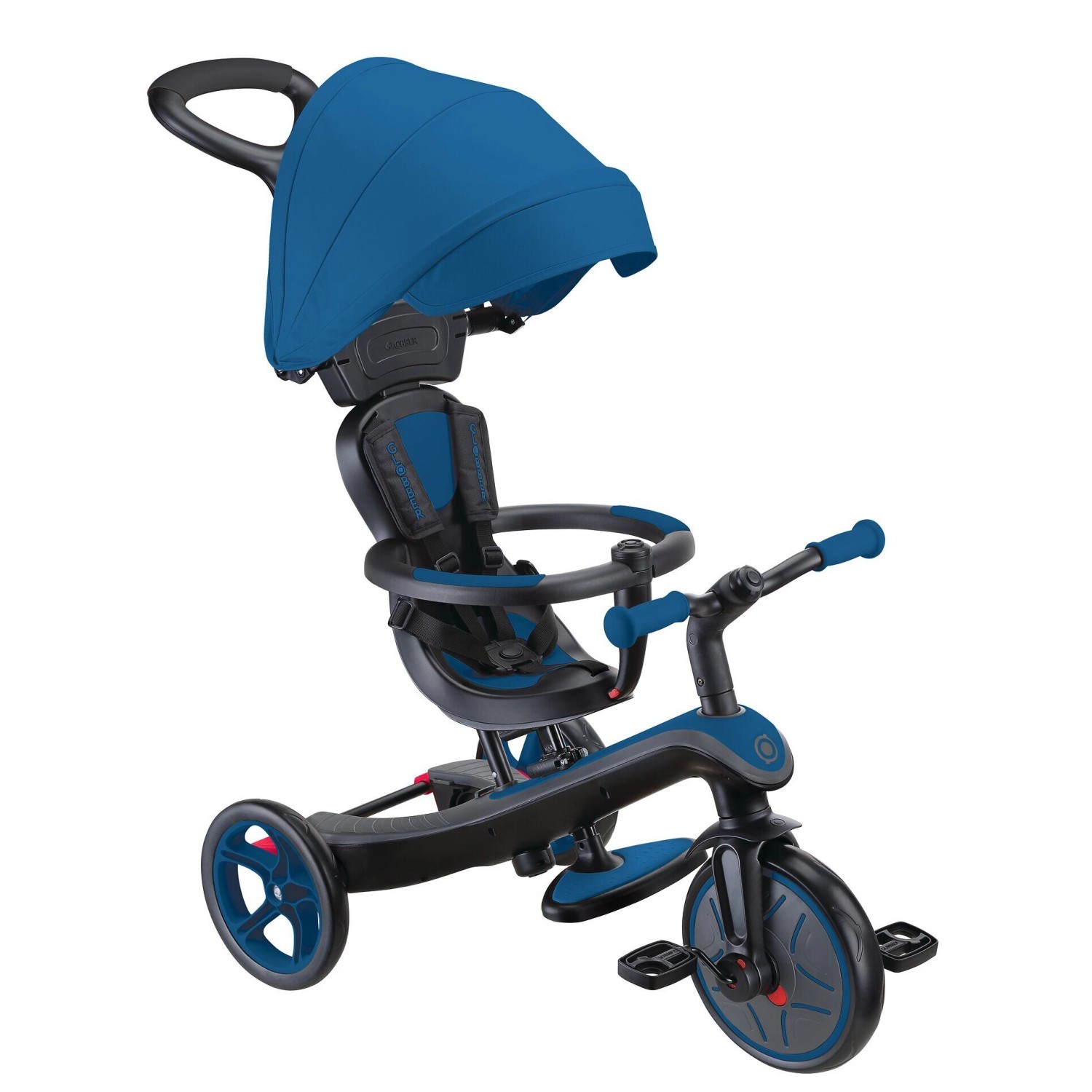Globber Explorer Trike 4in1 Kinderwagen Dreirad und Laufrad 10/8,5 Zoll TPR-Sitz Höhenverstellbar Blau von Globber