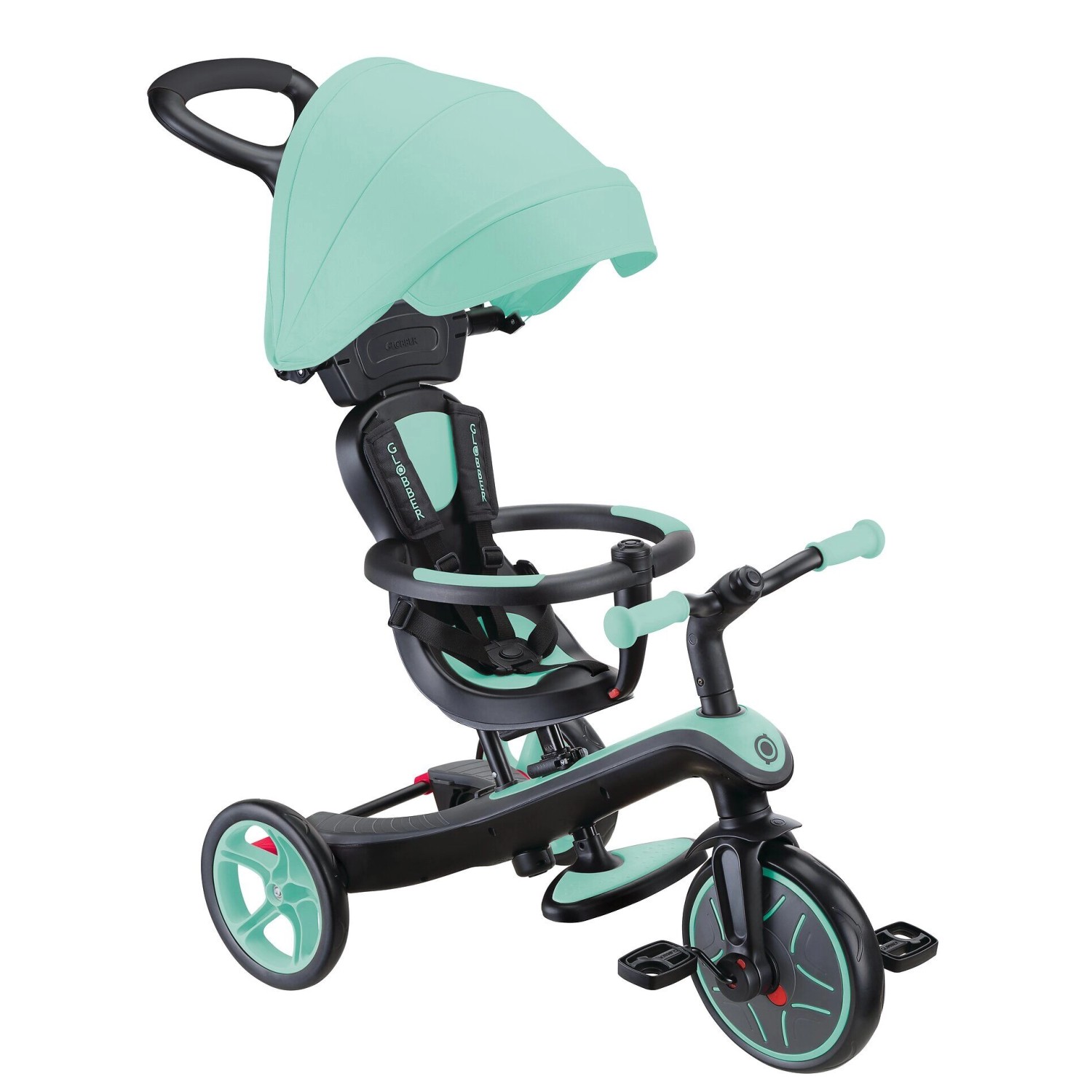 Globber Explorer Trike 4in1 Kinderwagen Dreirad und Laufrad 10/8,5 Zoll TPR-Sitz Höhenverstellbar Mint von Globber