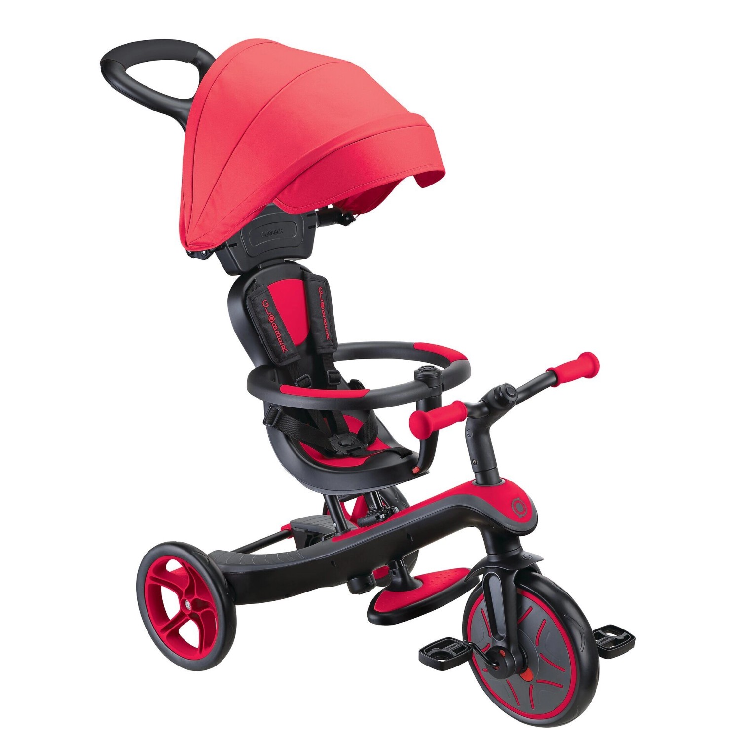 Globber Explorer Trike 4in1 Kinderwagen Dreirad und Laufrad 10/8,5 Zoll TPR-Sitz Höhenverstellbar Rot von Globber