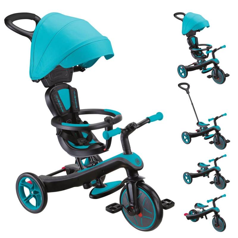 Globber Explorer Trike 4in1 Kinderwagen Dreirad und Laufrad 10/8,5 Zoll TPR-Sitz Höhenverstellbar Türkis von Globber