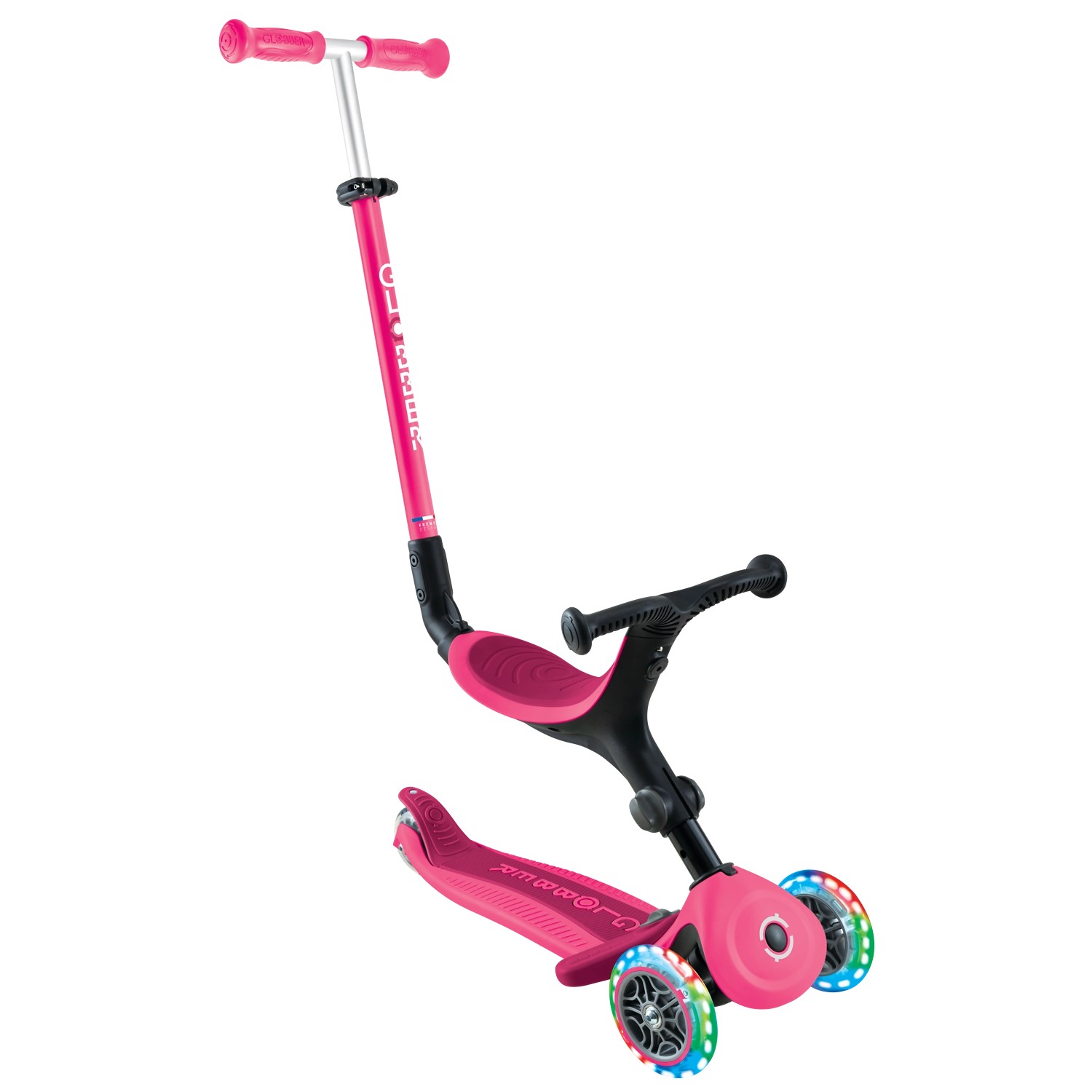 Globber Go-Up Active Lights 3 in 1 Dreirad Laufrad und Scooter 120/80 mm 3-Rädrig Höhenverstellbar Fuchsia Pink von Globber