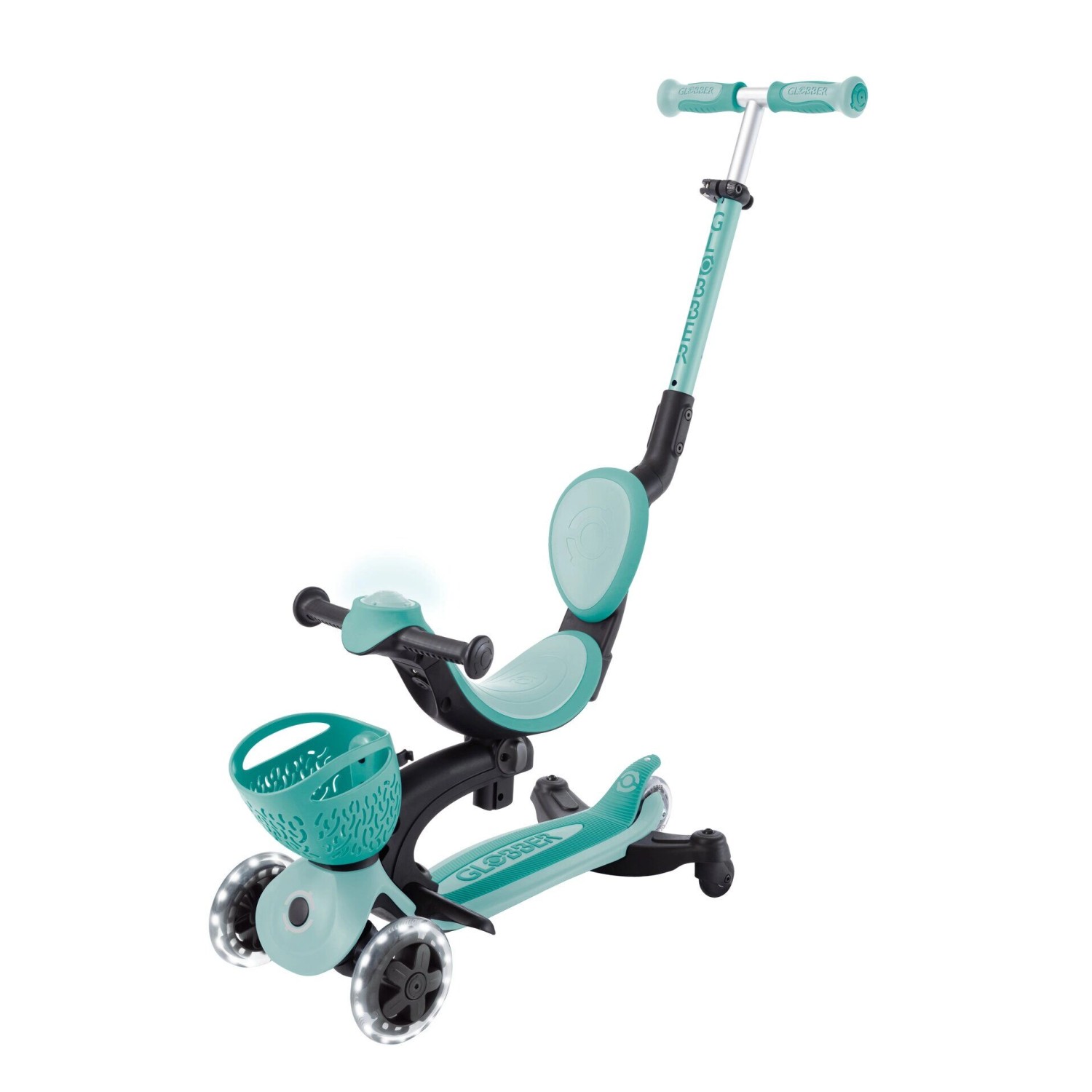 Globber Go-Up Baby 360 Lights 3 in 1 Aufsitzrad Laufrad Scooter Höhenverstellbar LED-Rollen LED-Modul Mint von Globber
